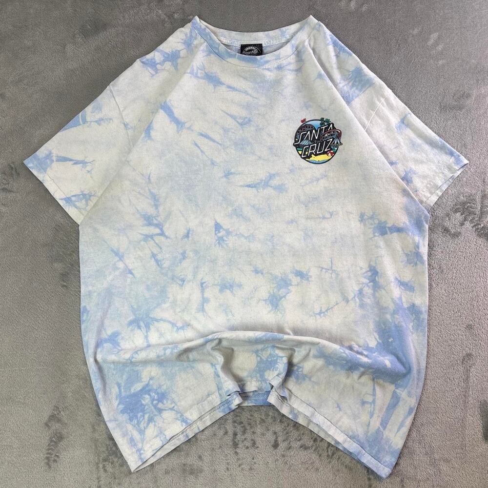 Santa Cruz Tie Dye T Shirt Blue White Skater Amusement Park Graphic Logo